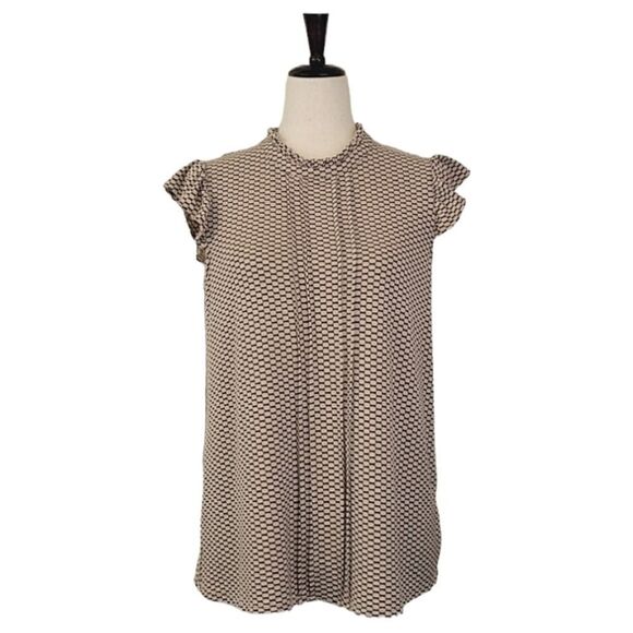 Elle Toupe Patterned Textured Ruffle High Neck Pleated Cap Sleeve Blouse - Picture 1 of 8